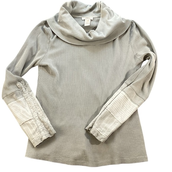 Sundance Everyday Compliments Thermal Knit Cowl Neck Embroidered Sleeve Top - Picture 1 of 10